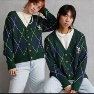 PLAYBOY BY PACSUN Cardigan Large Argyle Knit Sweater Gold Embroidered Bunny Logo